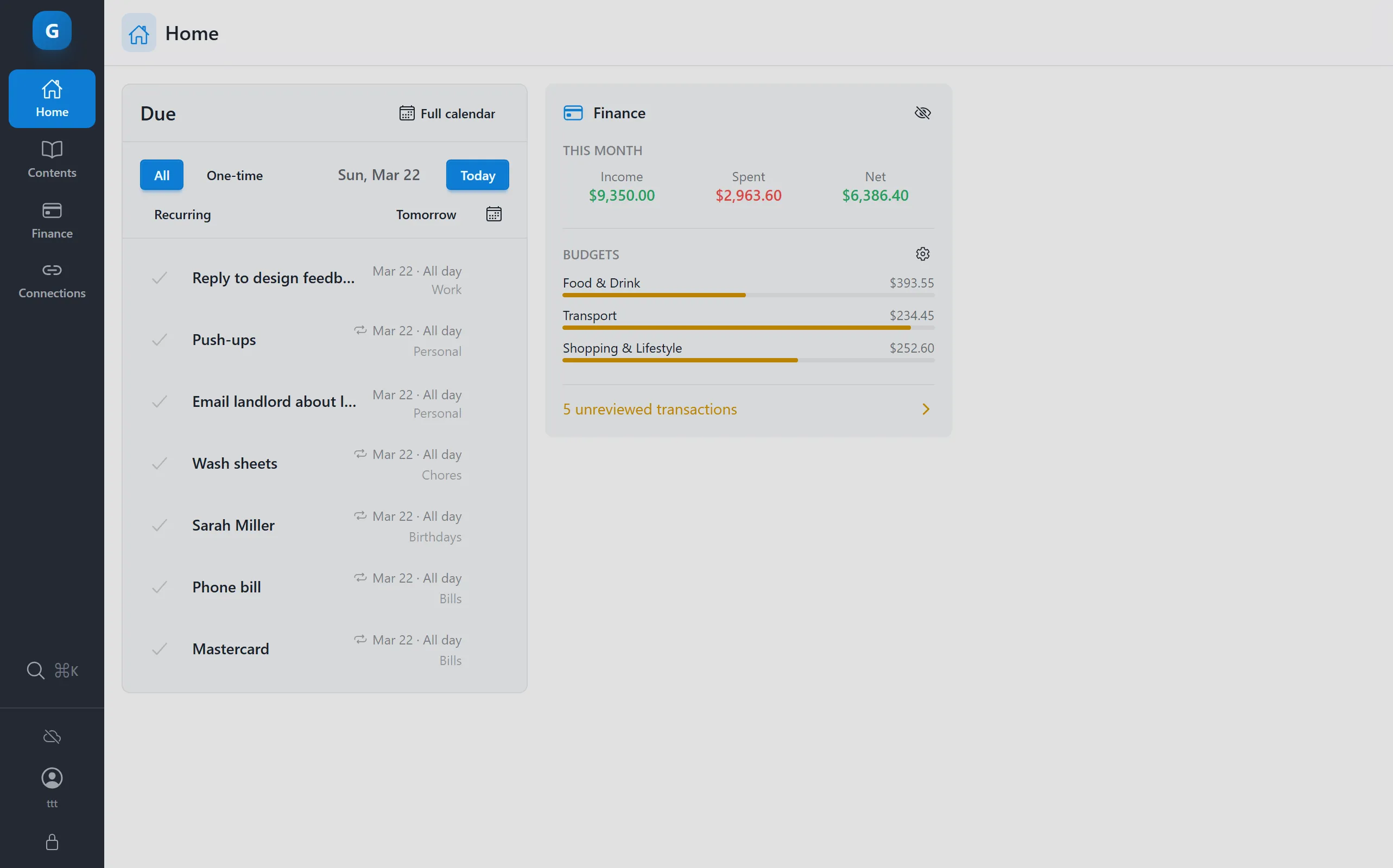 Graspee dashboard — todo list and finance summary