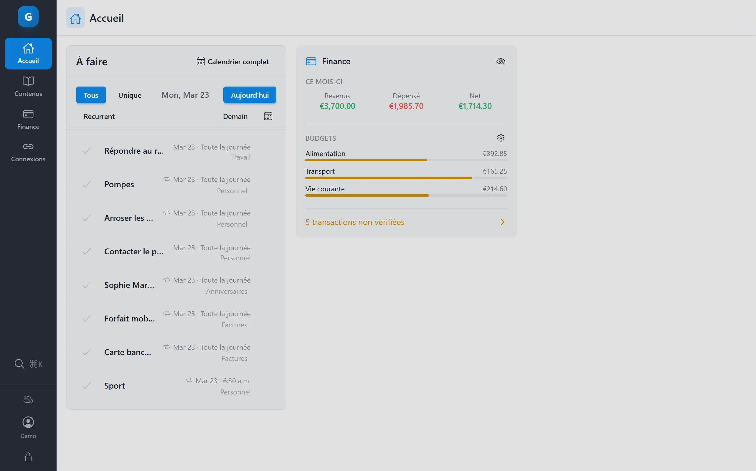 Graspee dashboard — todo list and finance summary