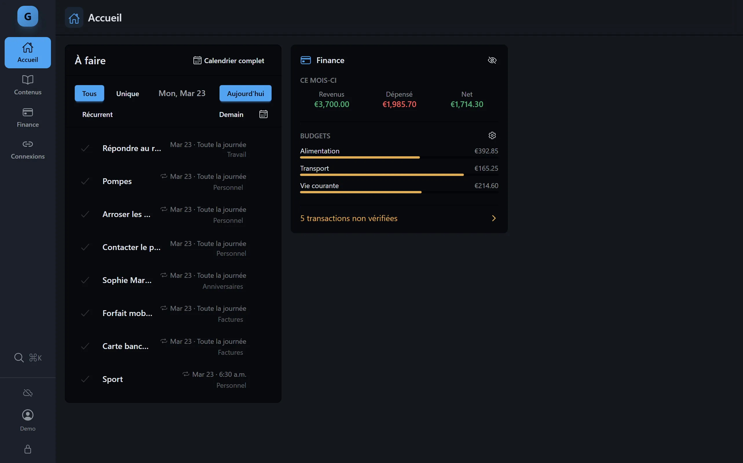 Graspee dashboard — todo list and finance summary
