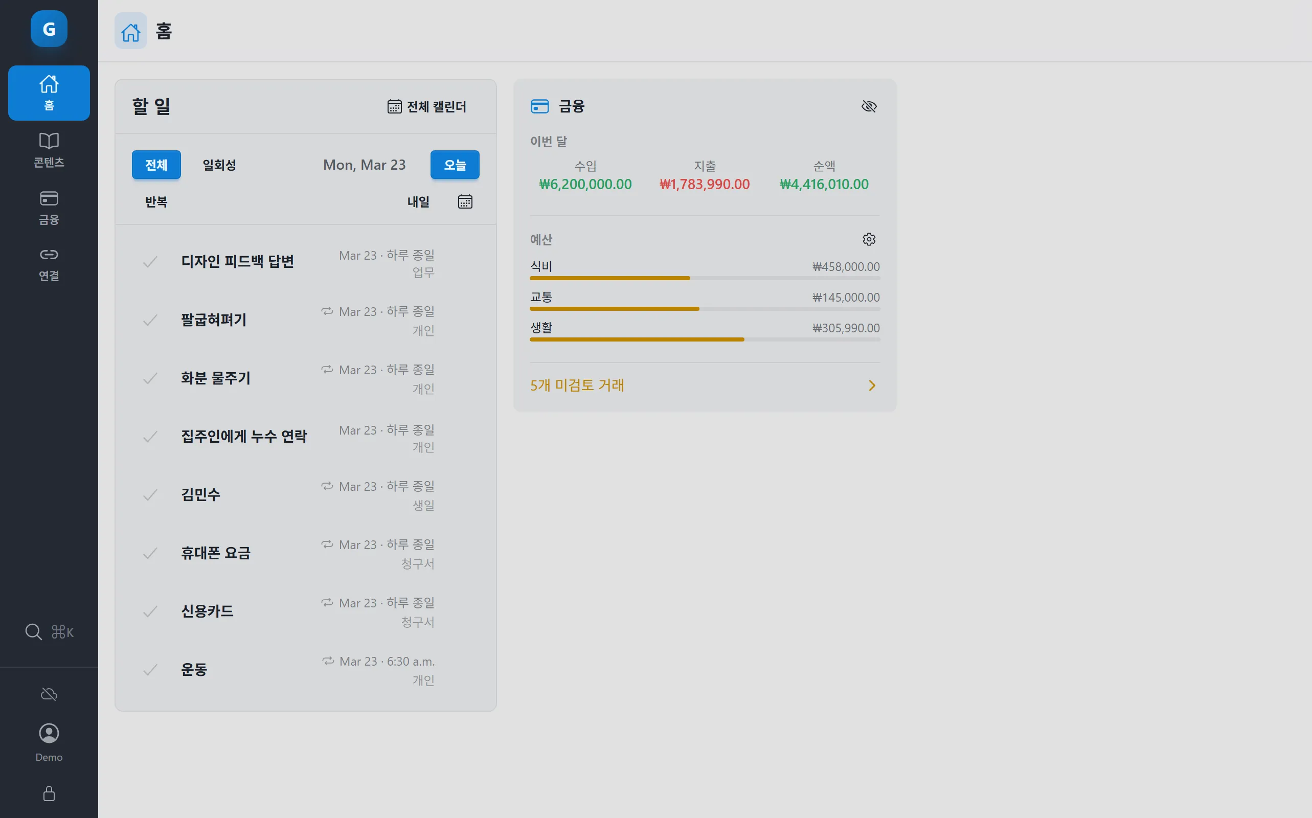 Graspee dashboard — todo list and finance summary