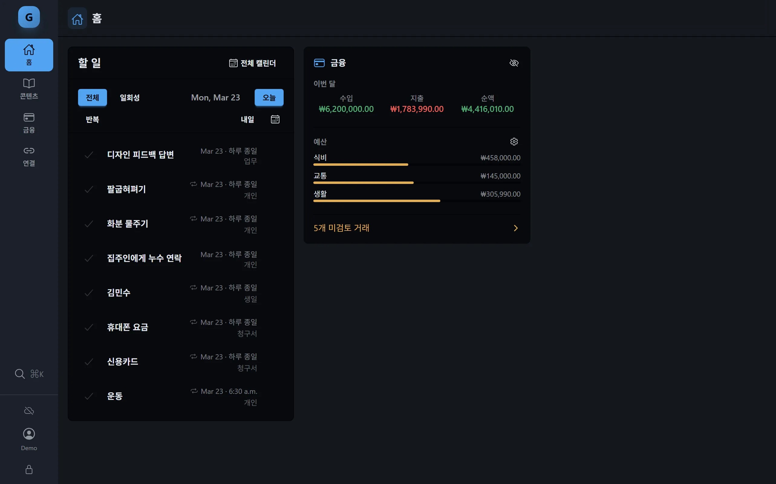 Graspee dashboard — todo list and finance summary